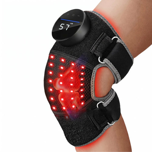 Red Light Knee Wrap worn on knee, LEDs glowing